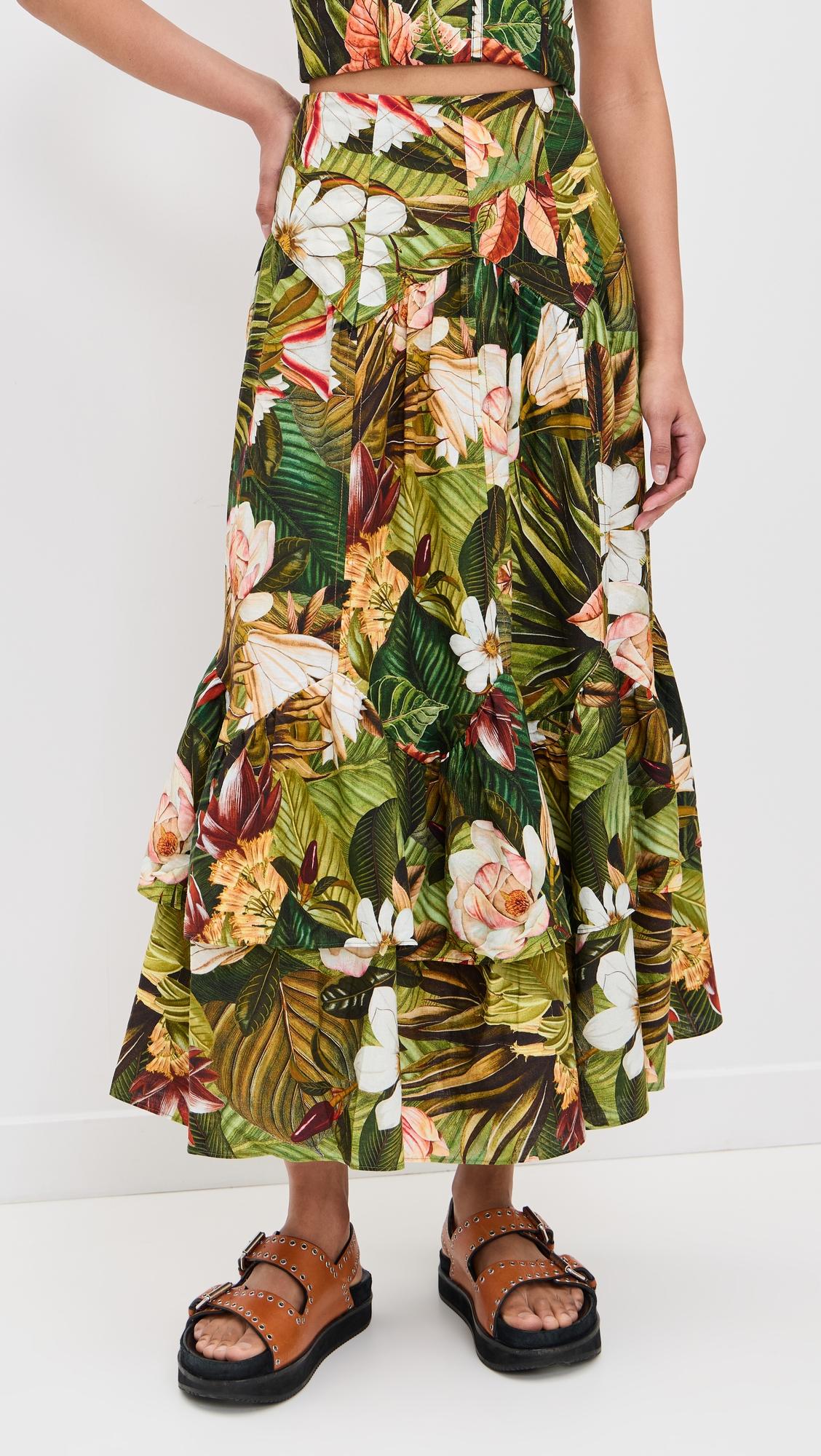 botanical forest asymmetric yoke midi skirt