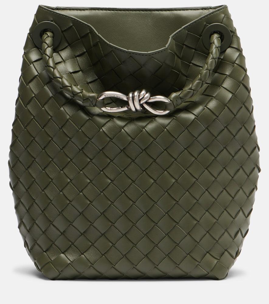bottega veneta andiamo intrecciato small leather bucket bag