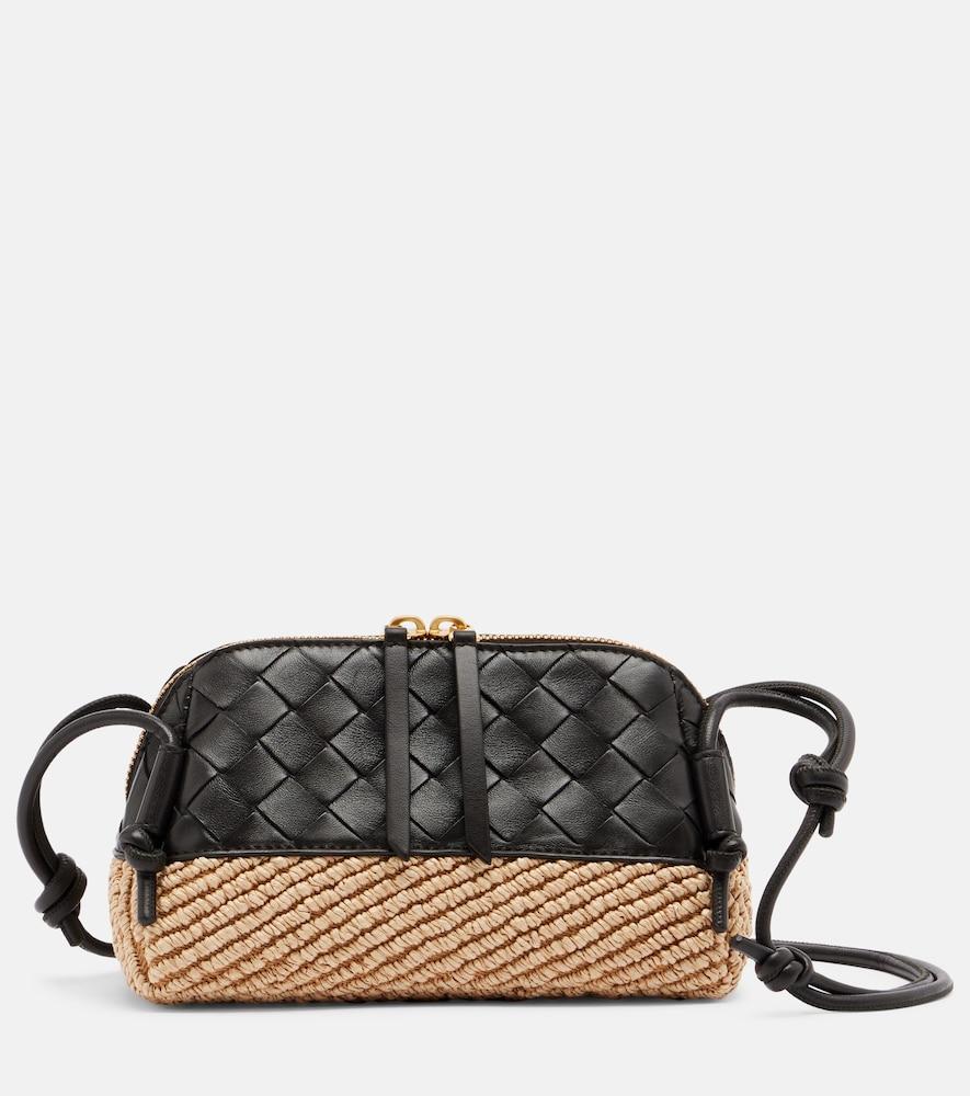 bottega veneta concert leather and raffia shoulder bag