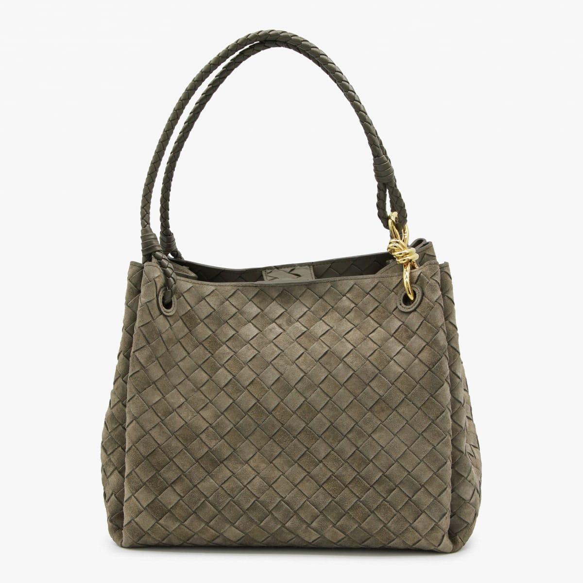 bottega veneta green leather parachute large top handle bag