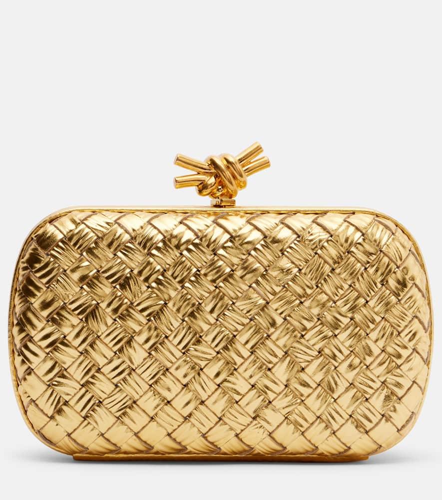 bottega veneta knot intreccio metallic leather clutch