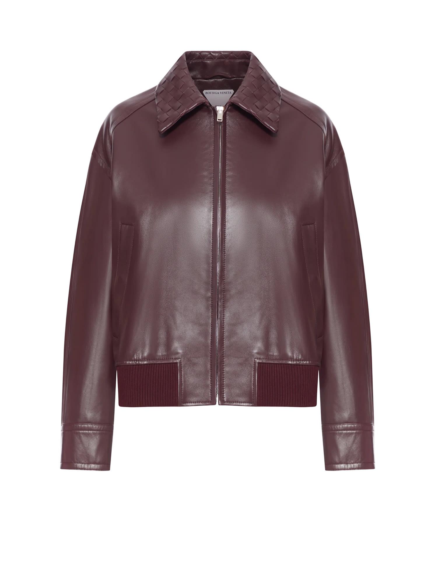 bottega veneta leather jacket with intrecciato motif collar