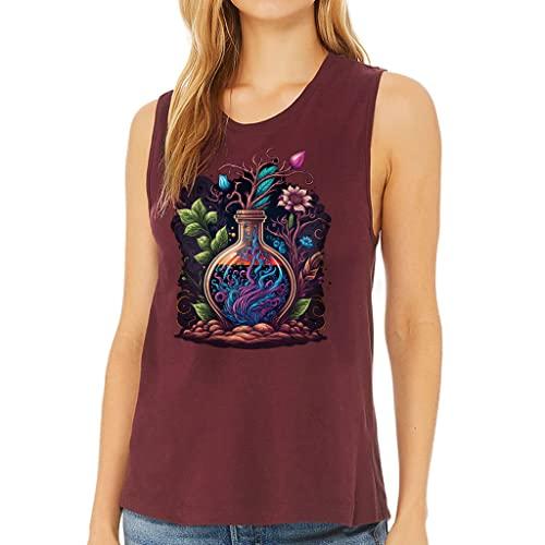 bottle of elixir print women's muscle tank - beautiful tank top - floral workout tank - maroon, m