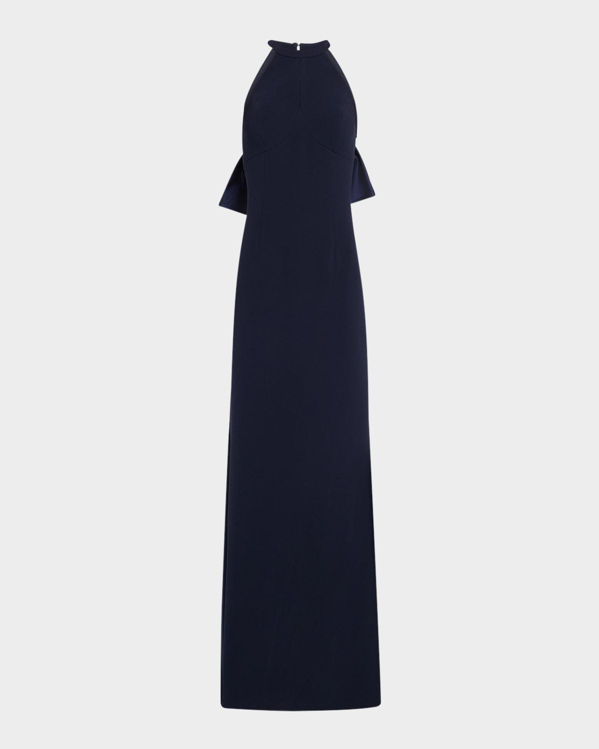 bow-back crepe halter column gown