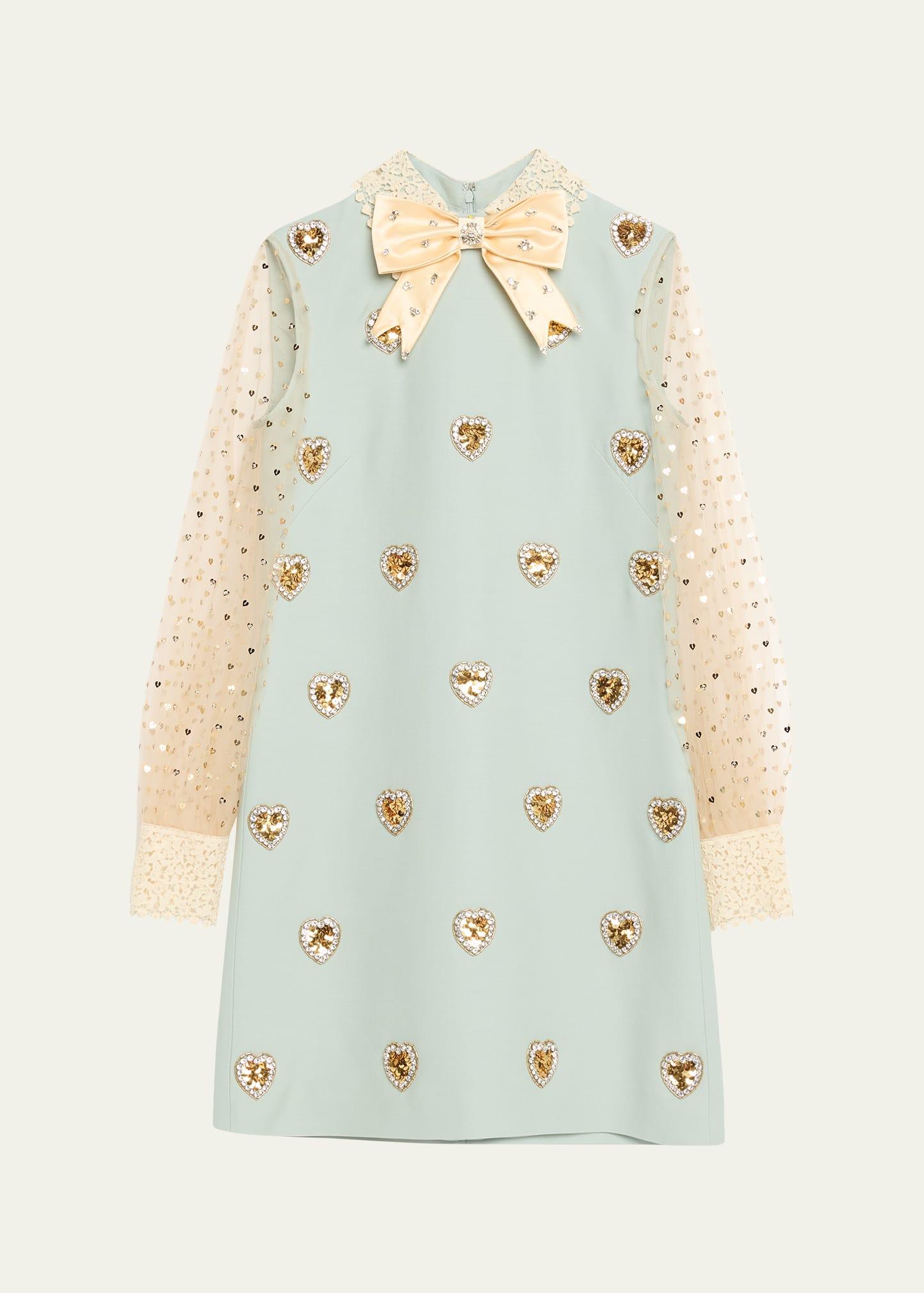 bow crystal heart sheer sleeve wool mini dress