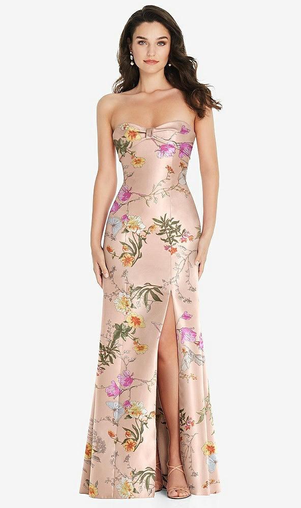 bow cuff strapless floral princess waist trumpet gown