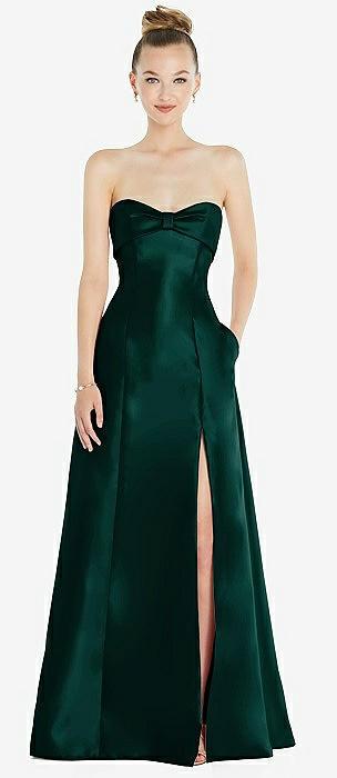 bow cuff strapless satin ball gown with pockets