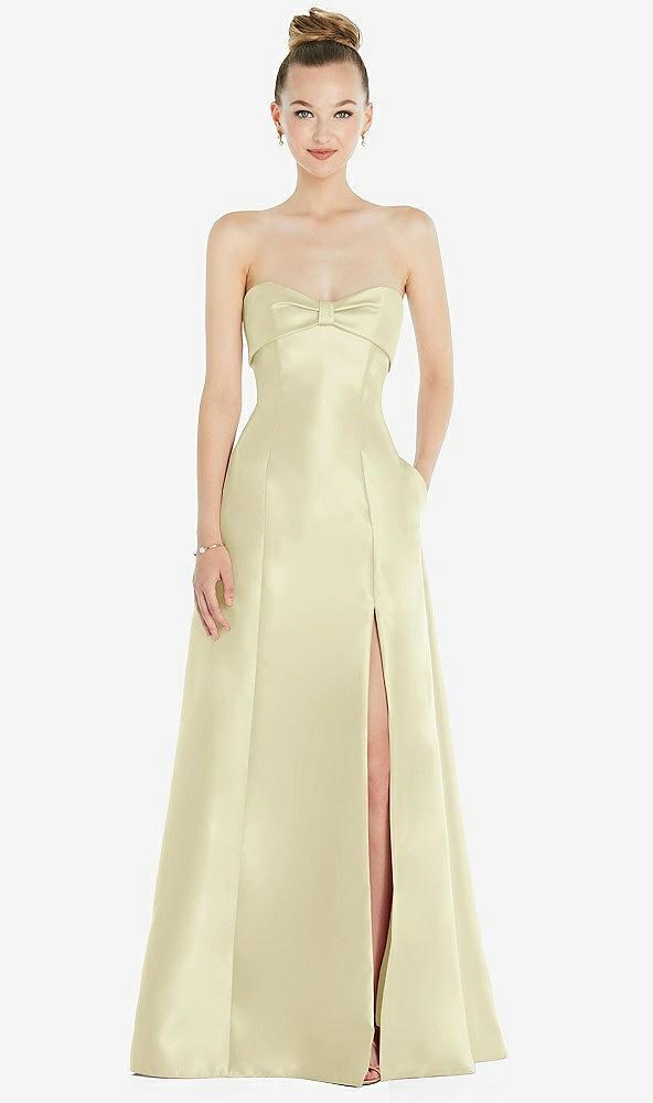 bow cuff strapless satin ball gown with pockets
