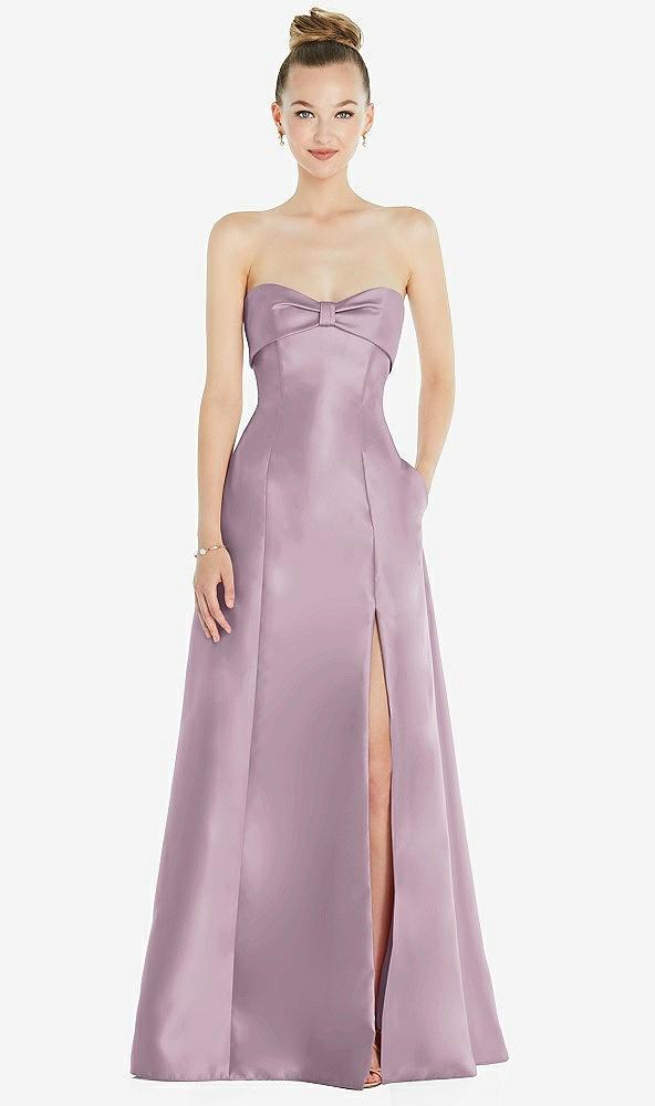 bow cuff strapless satin ball gown with pockets