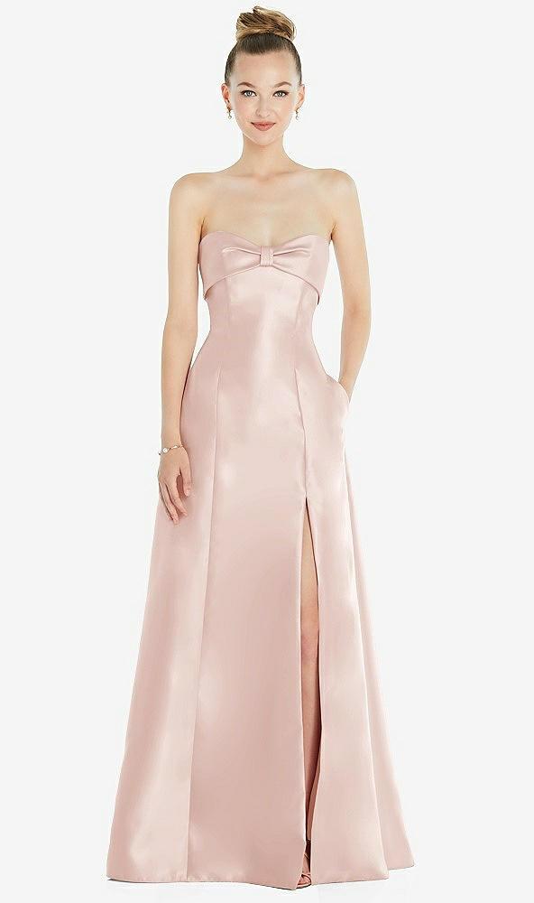 bow cuff strapless satin ball gown with pockets