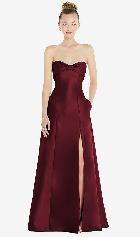 bow cuff strapless satin ball gown with pockets