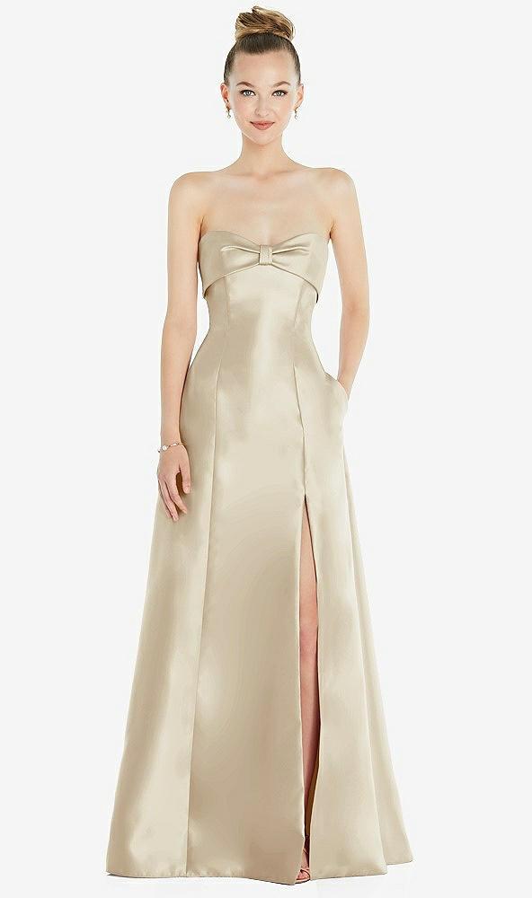 bow cuff strapless satin ball gown with pockets