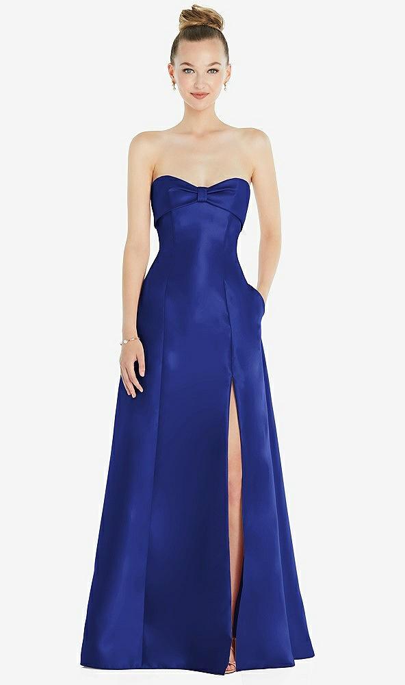 bow cuff strapless satin ball gown with pockets