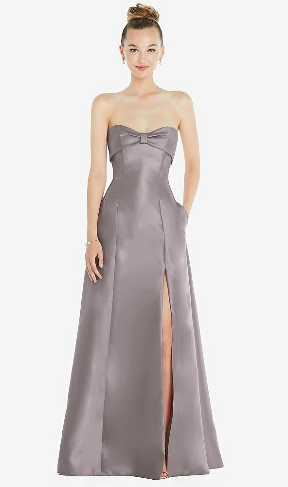 bow cuff strapless satin ball gown with pockets