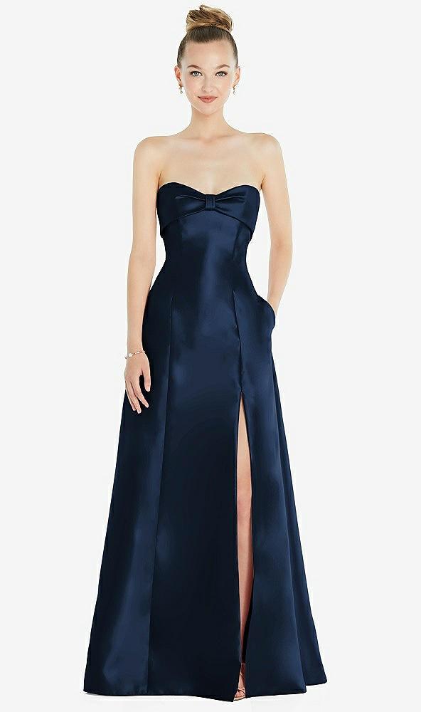 bow cuff strapless satin ball gown with pockets