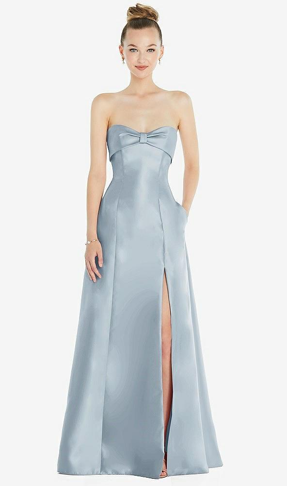 bow cuff strapless satin ball gown with pockets