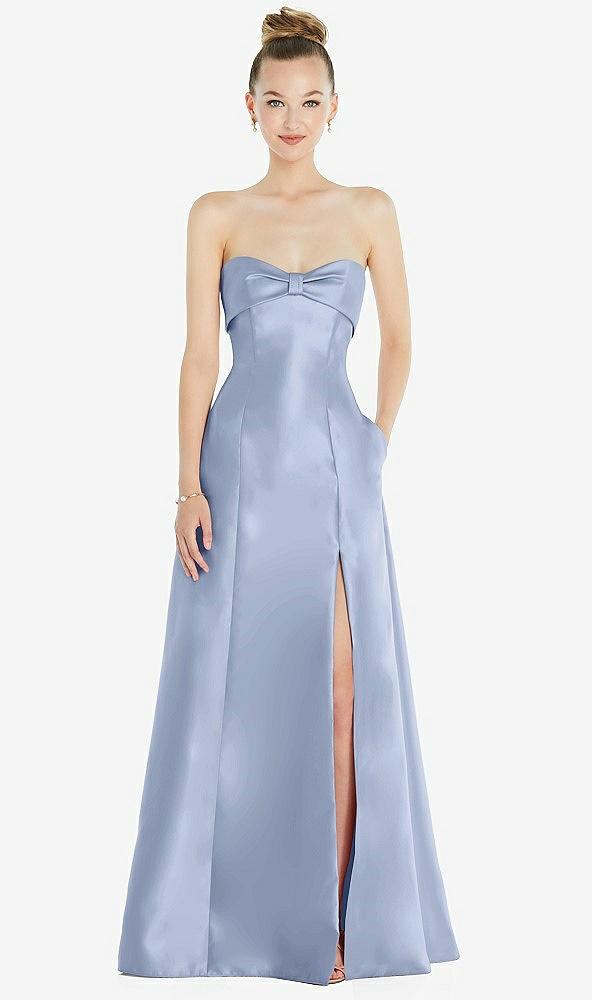 bow cuff strapless satin ball gown with pockets