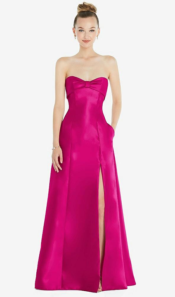 bow cuff strapless satin ball gown with pockets