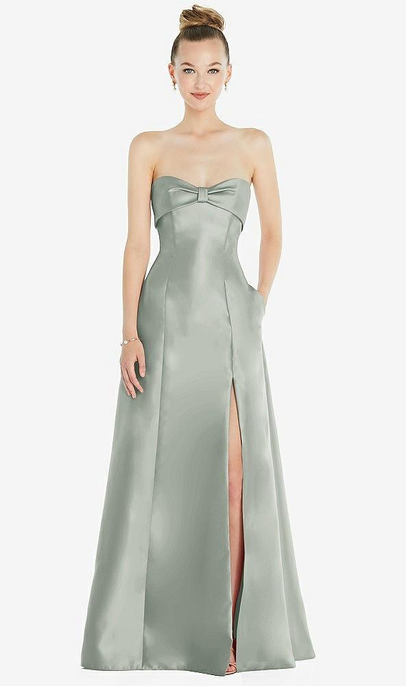 bow cuff strapless satin ball gown with pockets