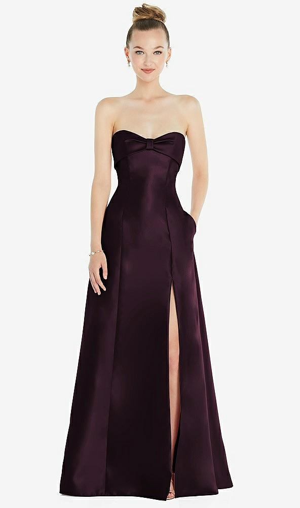 bow cuff strapless satin ball gown with pockets