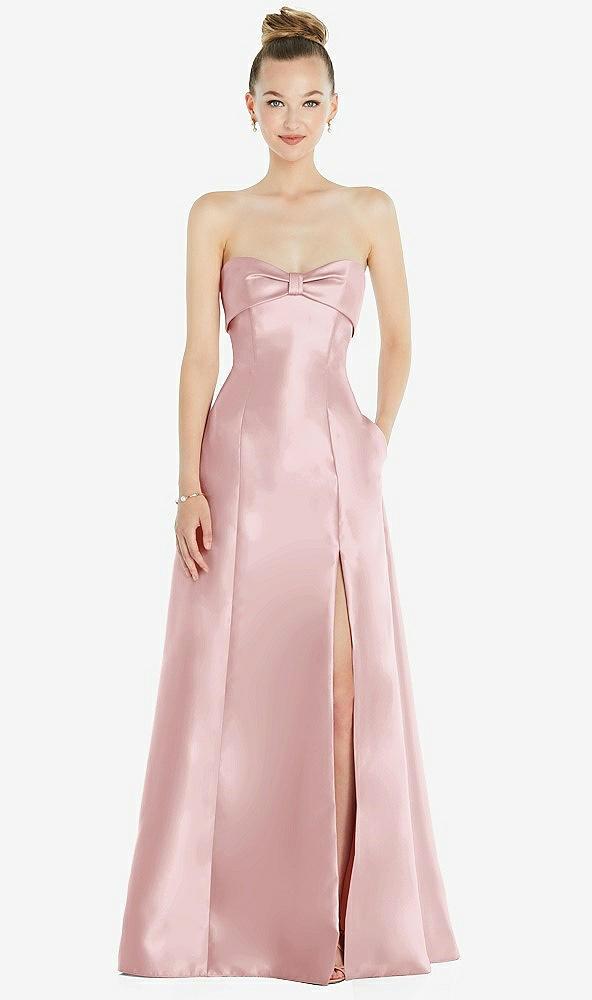 bow cuff strapless satin ball gown with pockets