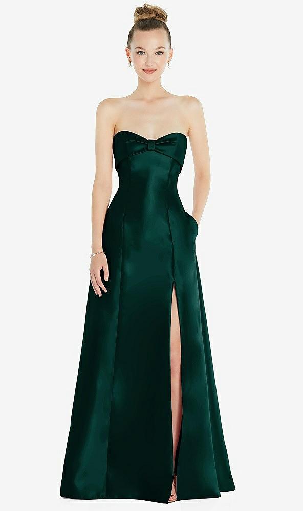 bow cuff strapless satin ball gown with pockets