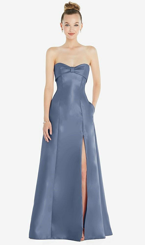 bow cuff strapless satin ball gown with pockets
