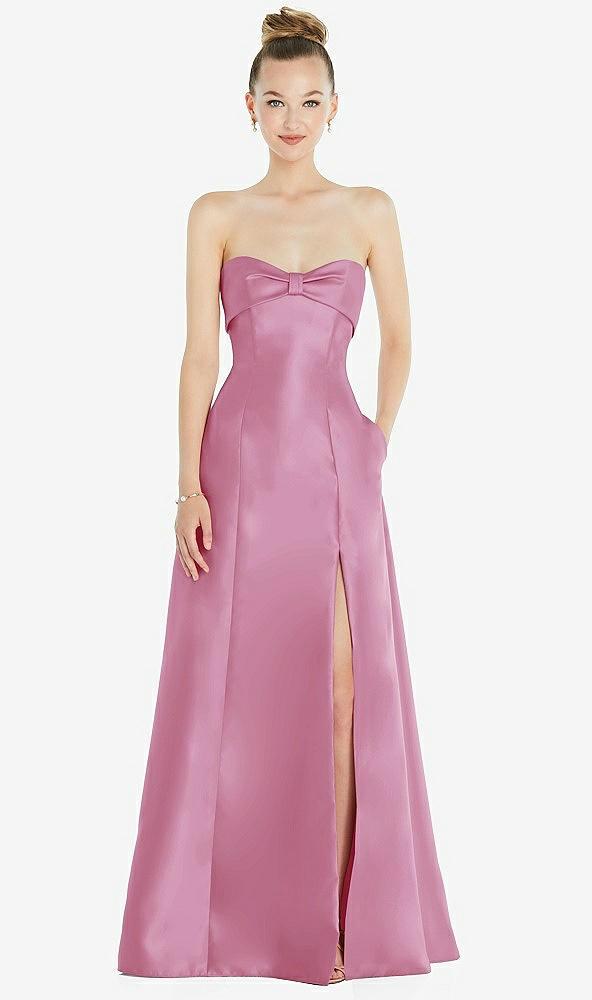 bow cuff strapless satin ball gown with pockets