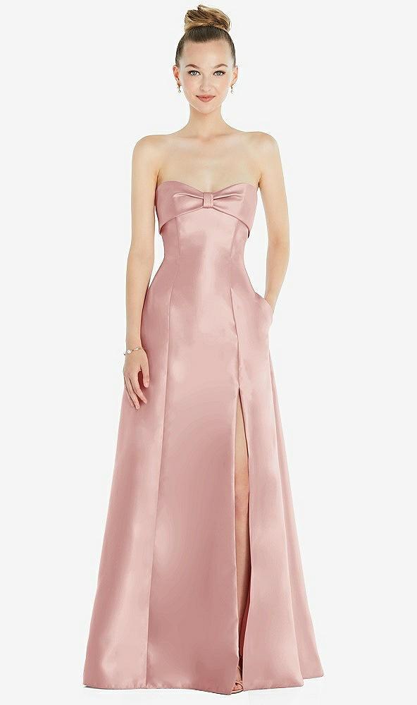 bow cuff strapless satin ball gown with pockets