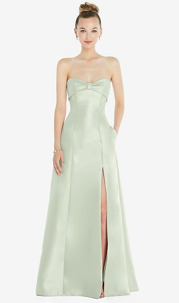 bow cuff strapless satin ball gown with pockets