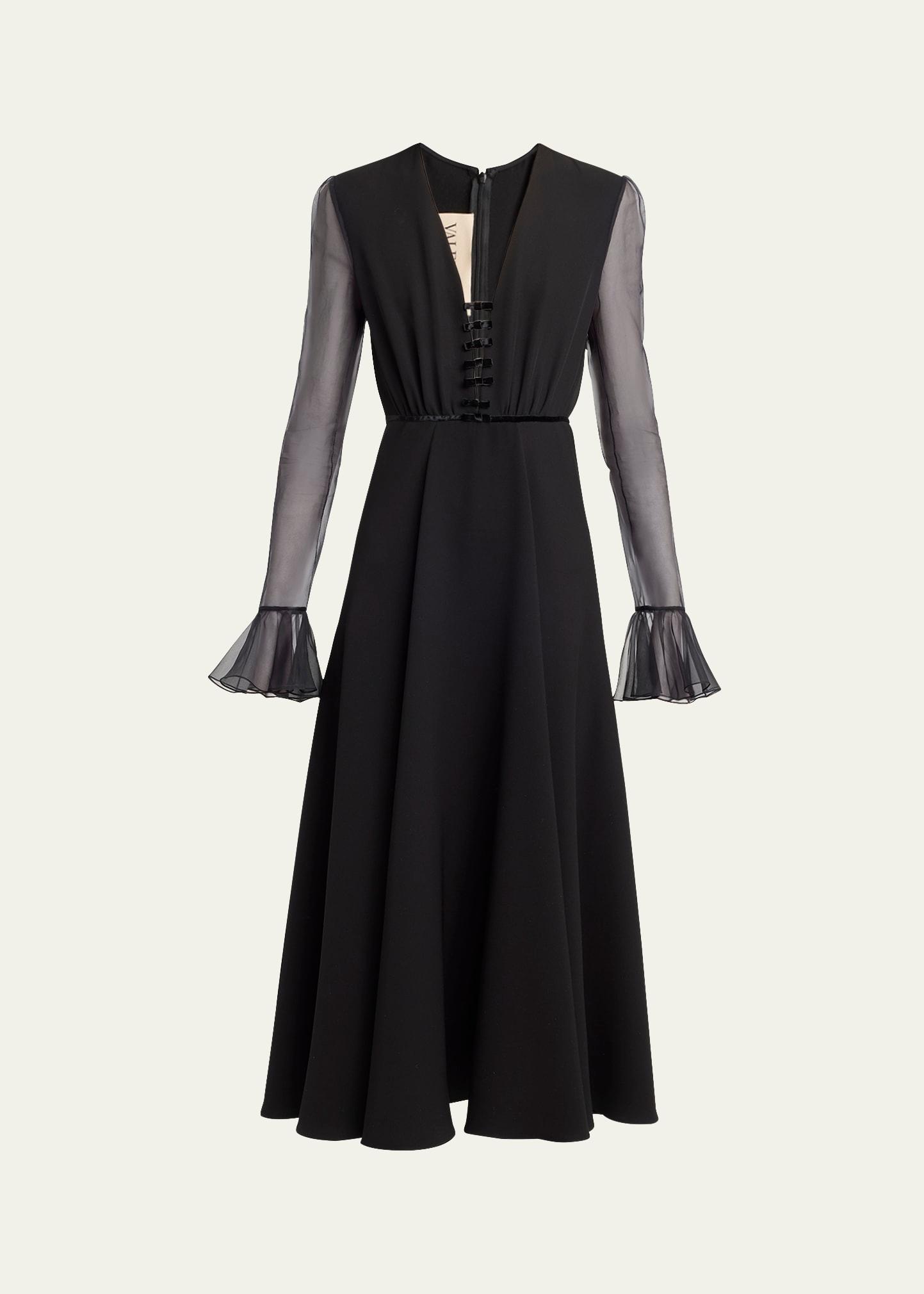 bow-embellished illusion silk midi dress