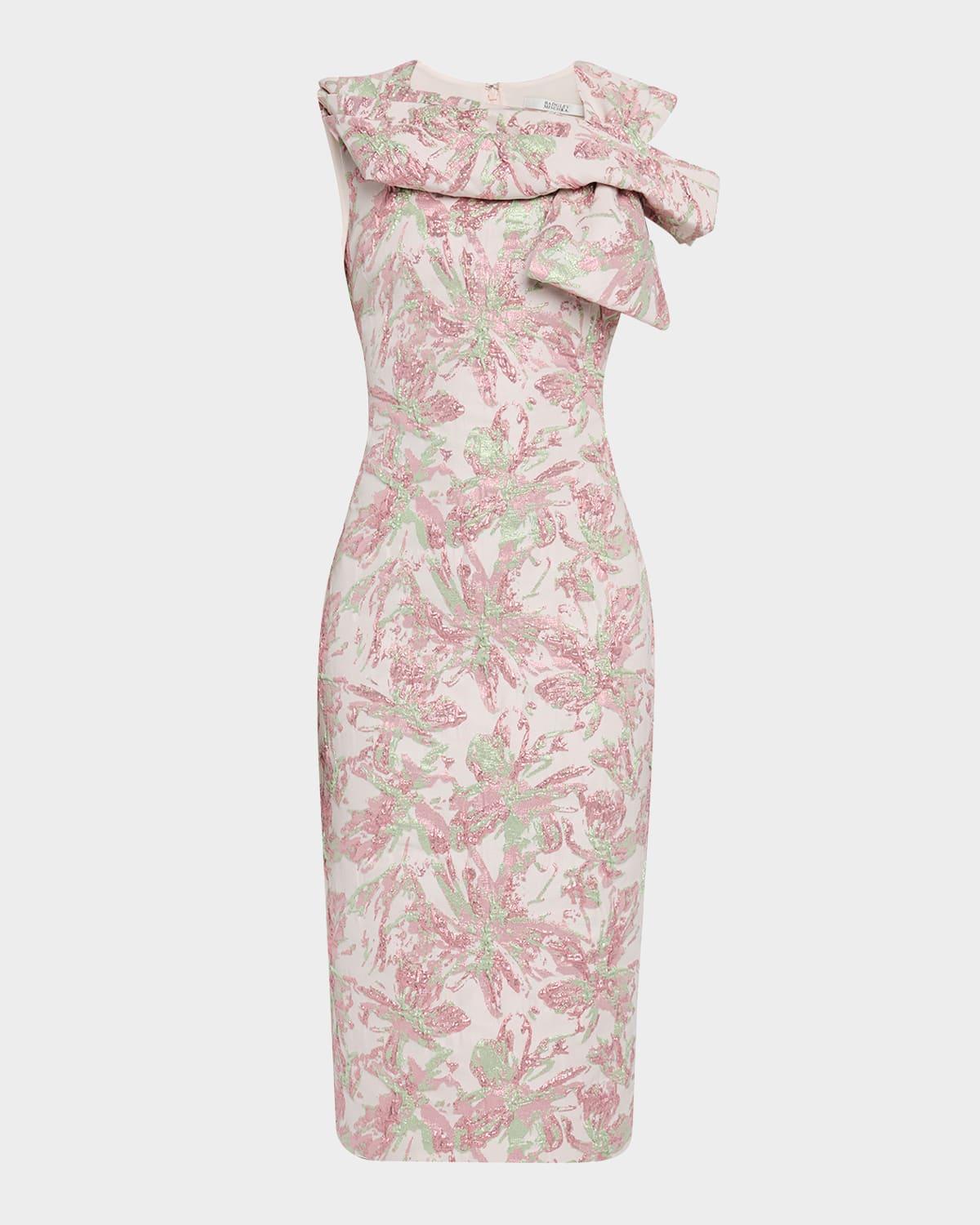 bow-front metallic jacquard midi sheath dress
