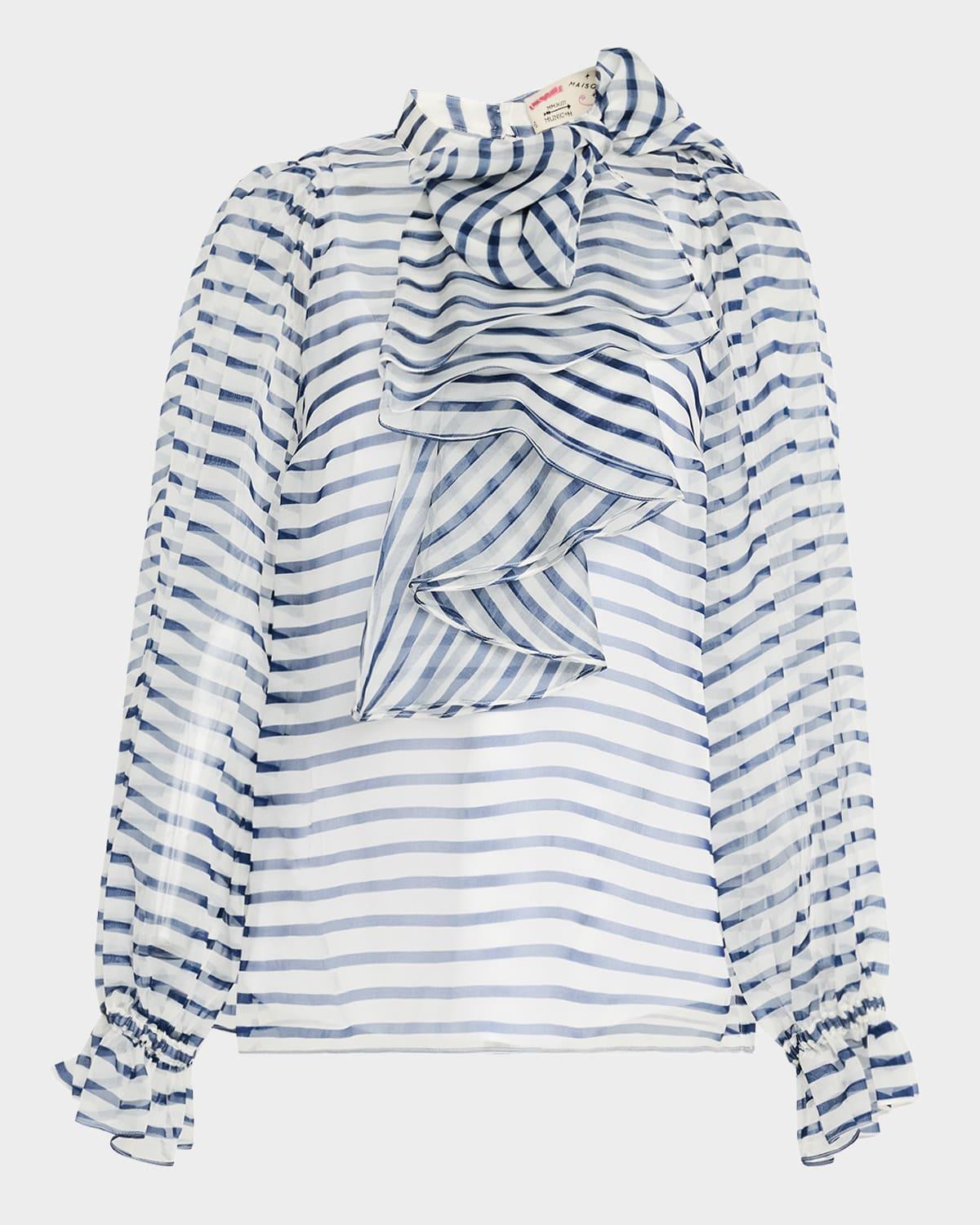 bow-neck ruffle striped organza blouse with tank