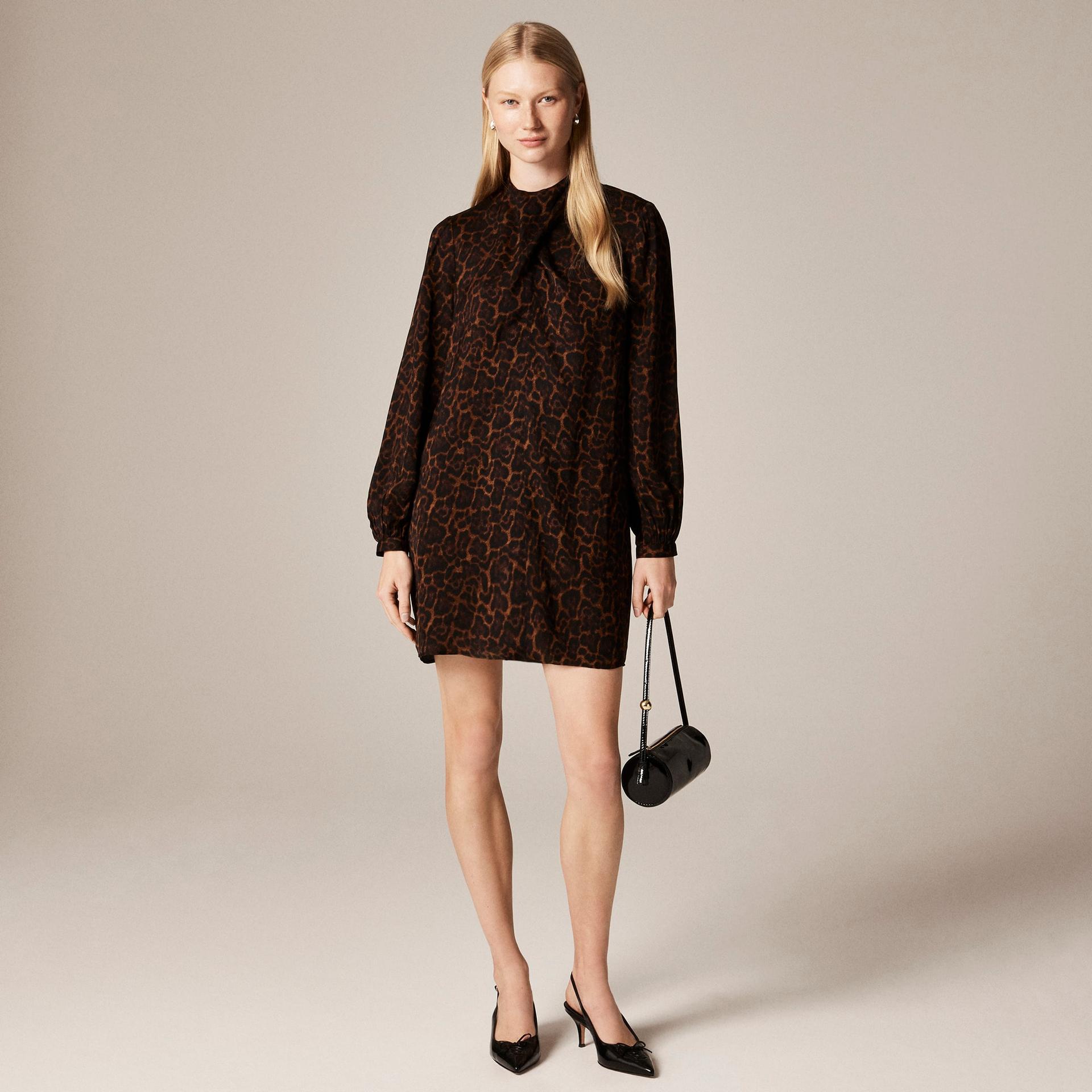 bow-neck shift dress in leopard print