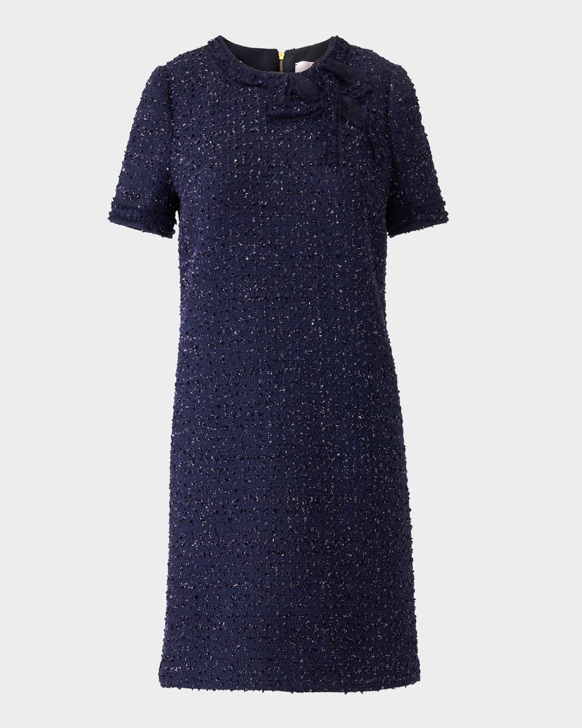 bow-neck short-sleeve tweed mini dress