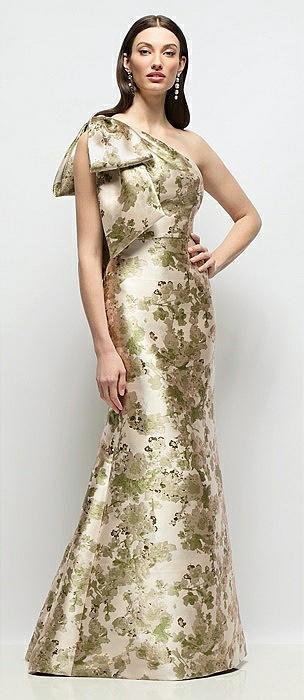 bow one-shoulder abstract floral jacquard maxi dress with trumpet skirt