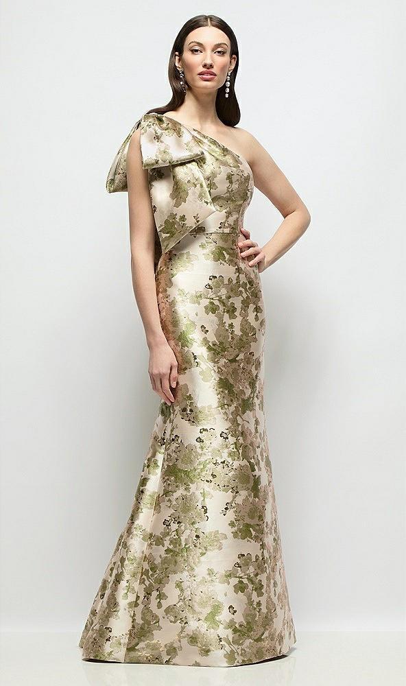 bow one-shoulder abstract floral jacquard maxi dress with trumpet skirt