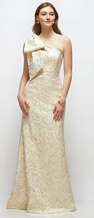 bow one-shoulder champagne brocade maxi dress with trumpet skirt