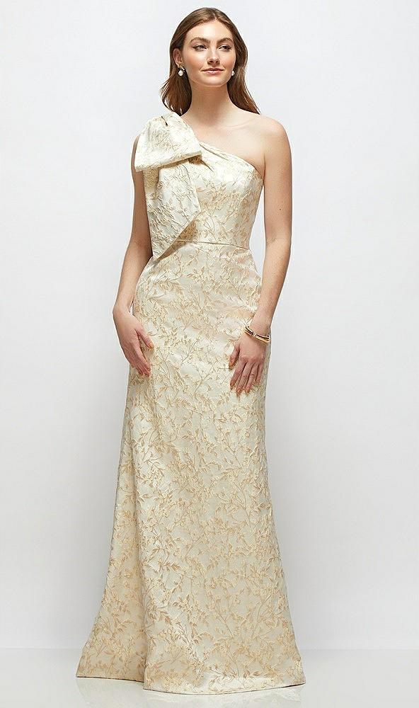 bow one-shoulder champagne brocade maxi dress with trumpet skirt