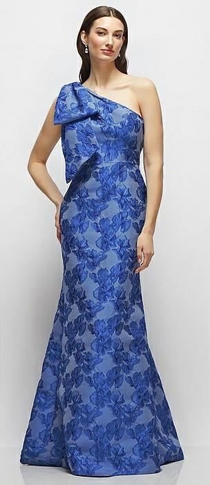 bow one-shoulder cobalt floral metallic jacquard trumpet maxi dress
