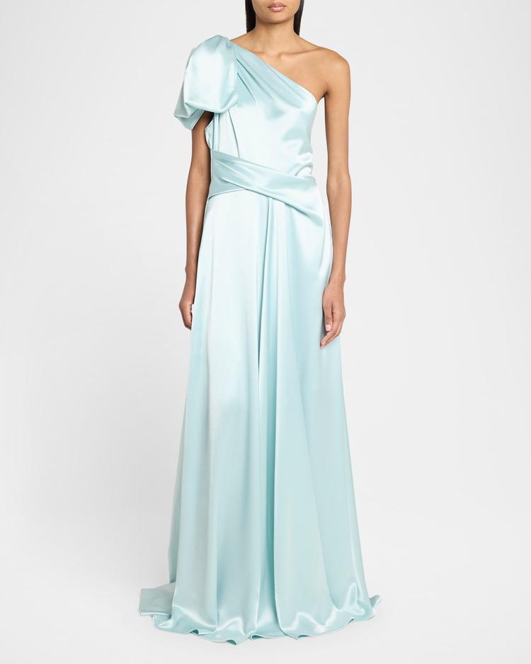 bow one-shoulder crepe satin gown