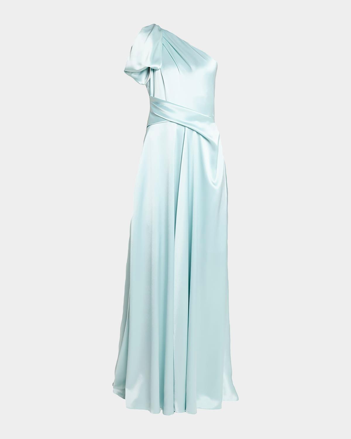 bow one-shoulder crepe satin gown