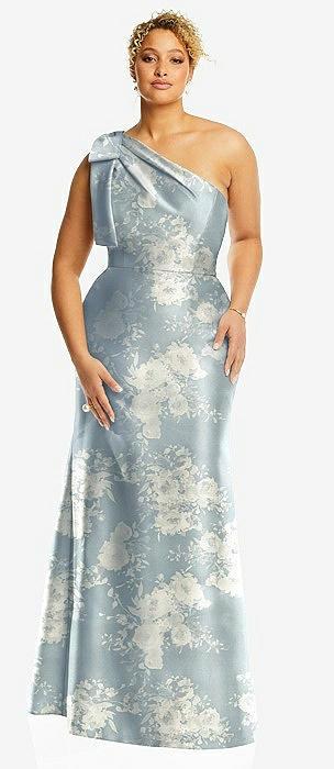 bow one-shoulder floral satin trumpet gown