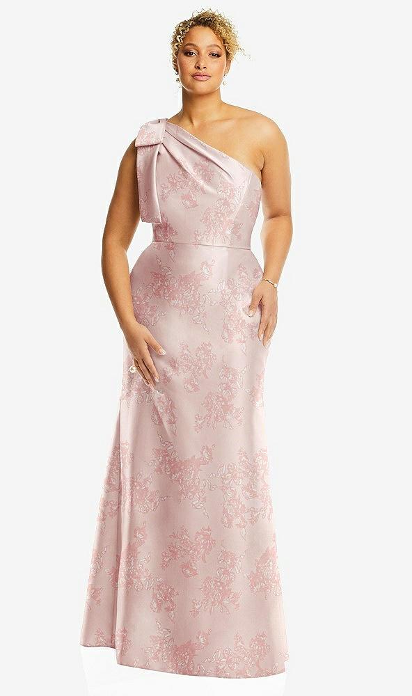 bow one-shoulder floral satin trumpet gown