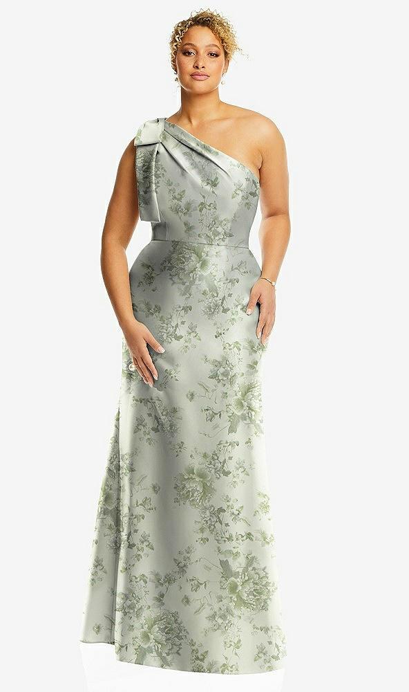 bow one-shoulder floral satin trumpet gown