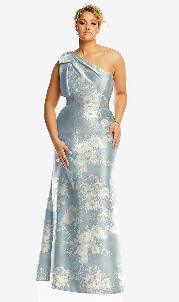 bow one-shoulder floral satin trumpet gown