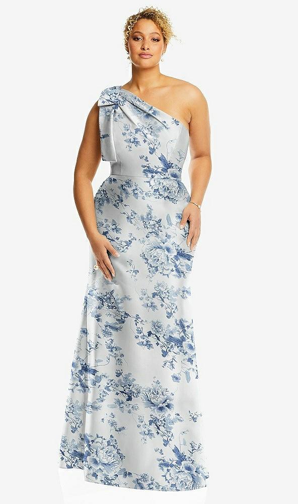bow one-shoulder floral satin trumpet gown