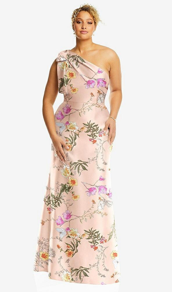 bow one-shoulder floral satin trumpet gown