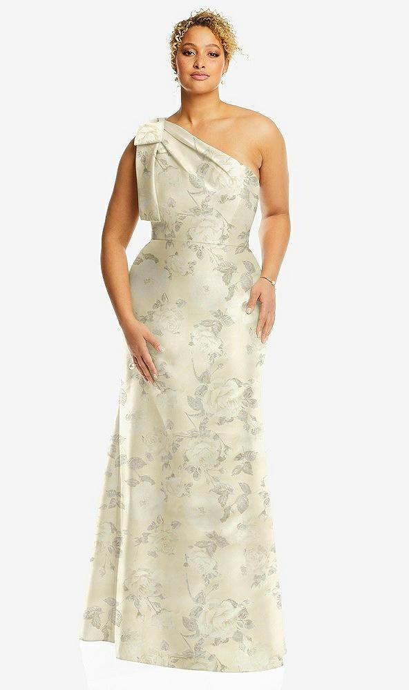 bow one-shoulder floral satin trumpet gown