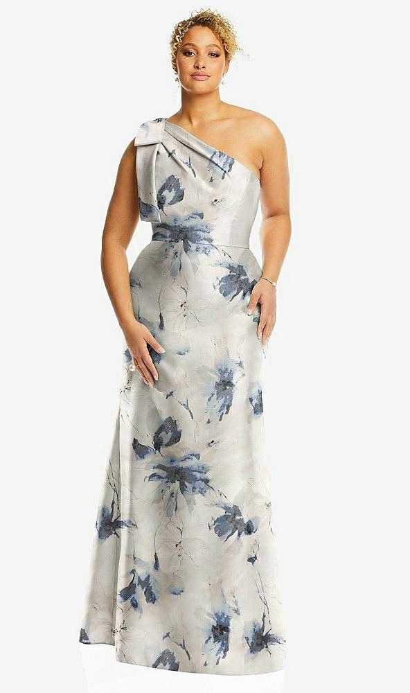 bow one-shoulder floral satin trumpet gown